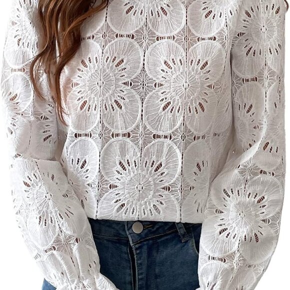 Women Eyelet Long Sleeve Tops Shirts Dressy Hollow Out Crochet Lace Embroidered - Picture 1 of 6